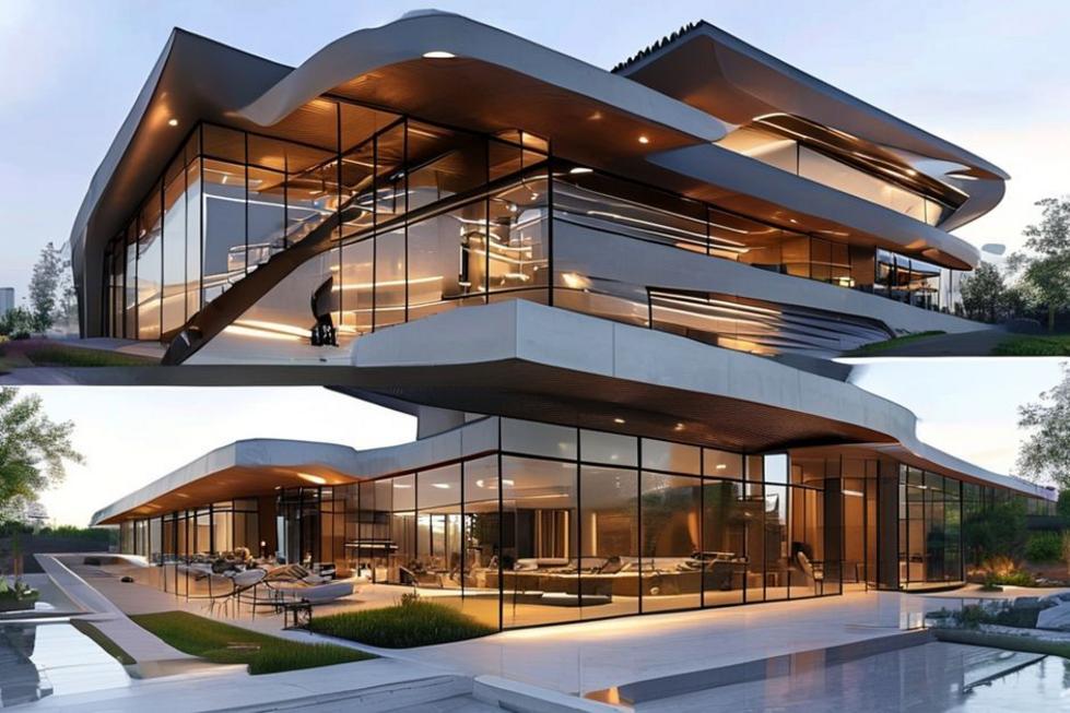 Amplo espaço arquitetônico mostrando a integração do laminado de alta pressão em móveis e fachadas.