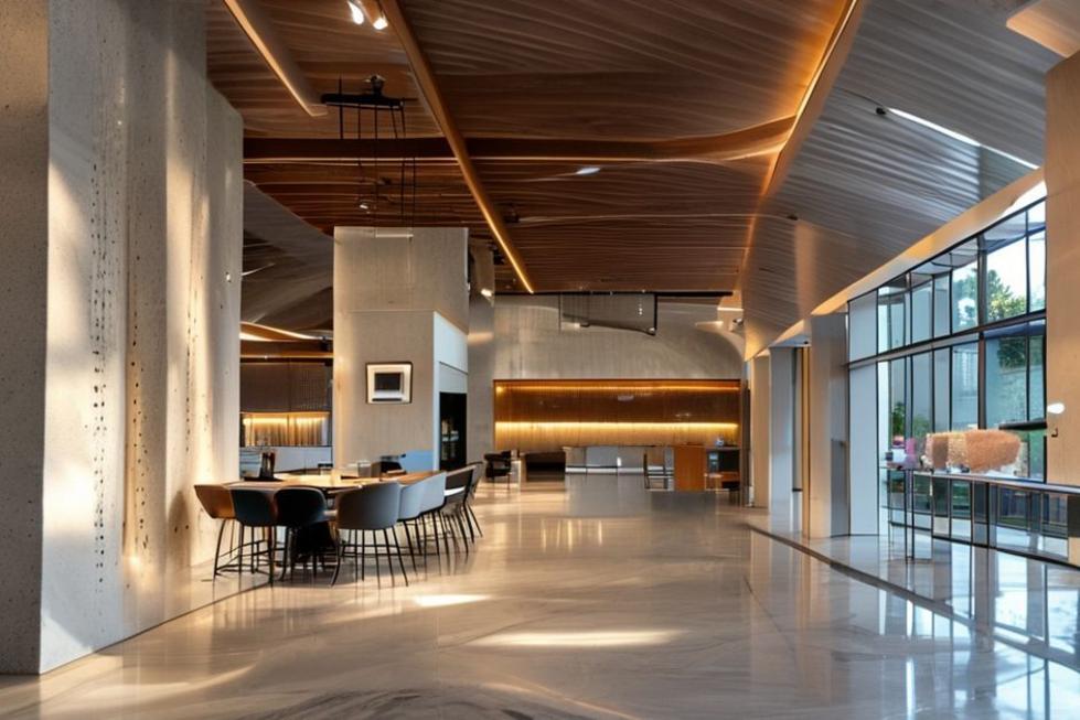 Espaço arquitetônico moderno com diversas aplicações de laminado HPL.